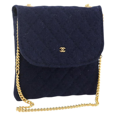 CHANEL Matelasse Chain Pouch Shoulder Bag Cotton Navy Gold CC Auth 174171A