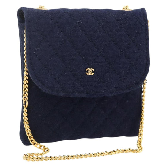 CHANEL Matelasse Chain Pouch Shoulder Bag Cotton Navy Gold CC Auth 174171A