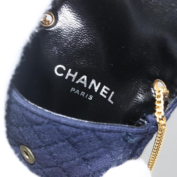 CHANEL Matelasse Chain Pouch Shoulder Bag Cotton Navy Gold CC Auth 174171A