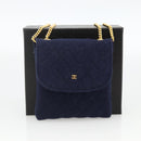CHANEL Matelasse Chain Pouch Shoulder Bag Cotton Navy Gold CC Auth 174171A-12