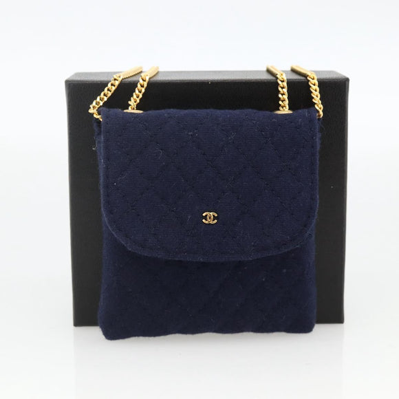 CHANEL Matelasse Chain Pouch Shoulder Bag Cotton Navy Gold CC Auth 174171A