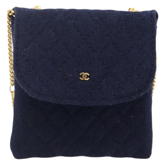 CHANEL Matelasse Chain Pouch Shoulder Bag Cotton Navy Gold CC Auth 174171A