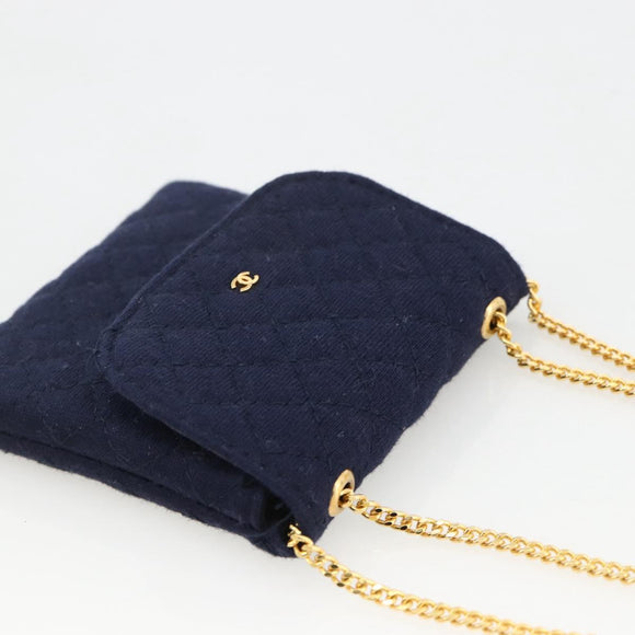 CHANEL Matelasse Chain Pouch Shoulder Bag Cotton Navy Gold CC Auth 174171A