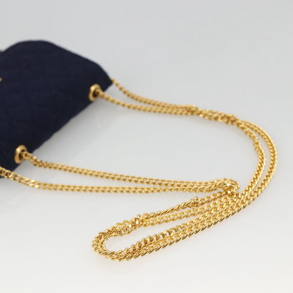 CHANEL Matelasse Chain Pouch Shoulder Bag Cotton Navy Gold CC Auth 174171A
