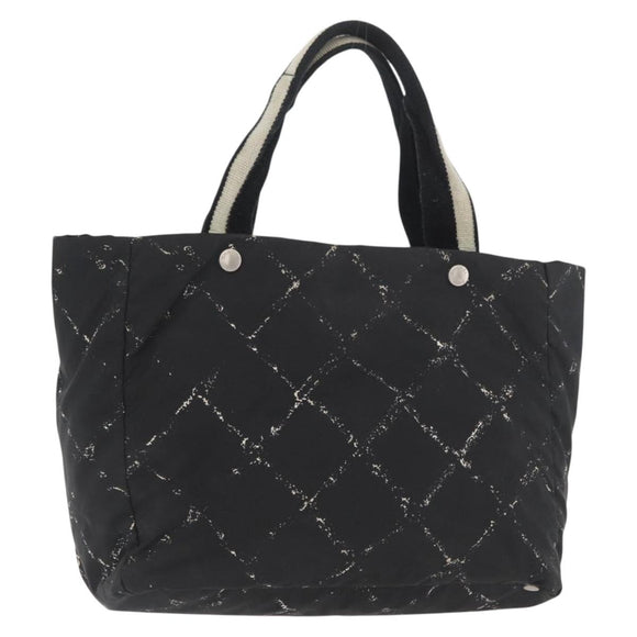 CHANEL Travel Line Hand Bag Nylon Black Silver CC Auth 174187