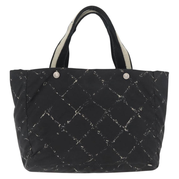 CHANEL Travel Line Hand Bag Nylon Black Silver CC Auth 174187