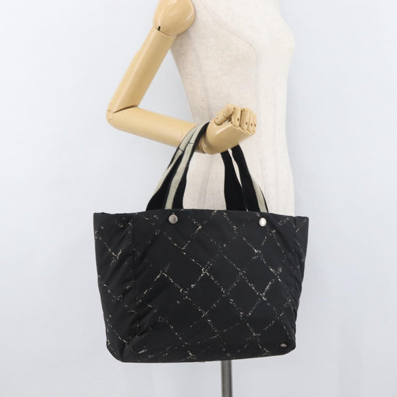 CHANEL Travel Line Hand Bag Nylon Black Silver CC Auth 174187