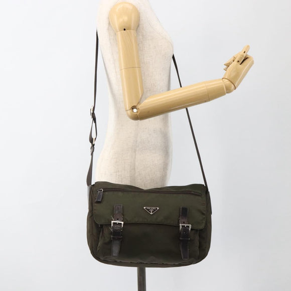 PRADA Shoulder Bag Nylon Khaki Silver Auth 174309