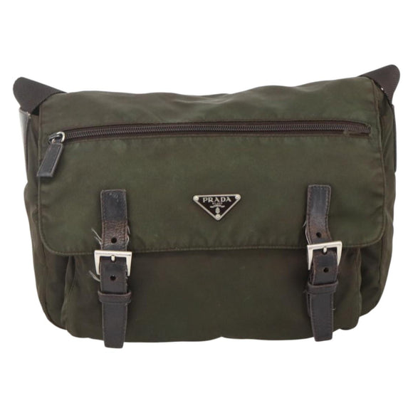 PRADA Shoulder Bag Nylon Khaki Silver Auth 174309