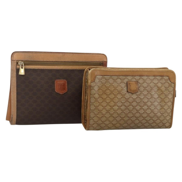 CELINE Macadam Canvas Clutch Bag PVC 2 Set Brown Beige Auth 174311