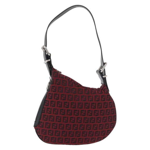 FENDI Zucchino Canvas Shoulder Bag Red Silver Auth 174322V