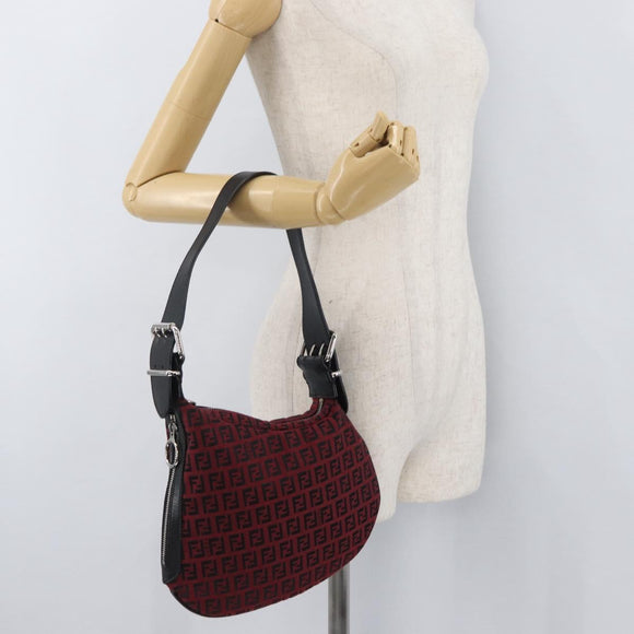 FENDI Zucchino Canvas Shoulder Bag Red Silver Auth 174322V