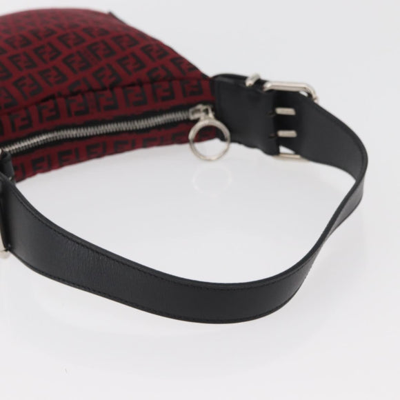 FENDI Zucchino Canvas Shoulder Bag Red Silver Auth 174322V