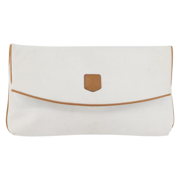 CELINE Clutch Bag Leather White Gold Auth 174339A