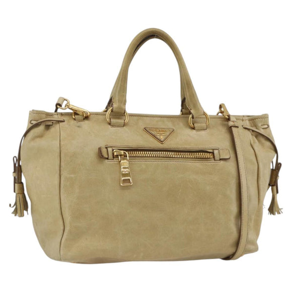 PRADA Hand Bag Leather 2way Beige Gold Auth 174345