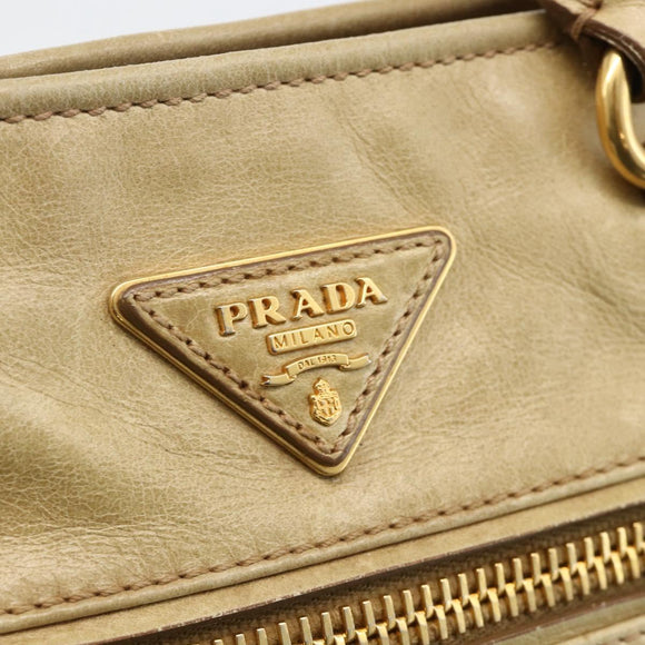 PRADA Hand Bag Leather 2way Beige Gold Auth 174345