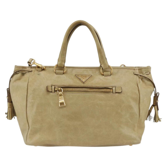 PRADA Hand Bag Leather 2way Beige Gold Auth 174345