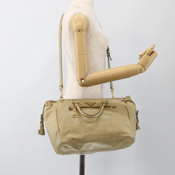 PRADA Hand Bag Leather 2way Beige Gold Auth 174345