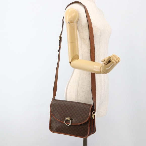 CELINE Macadam Canvas Shoulder Bag PVC Leather Brown Gold Auth 174351