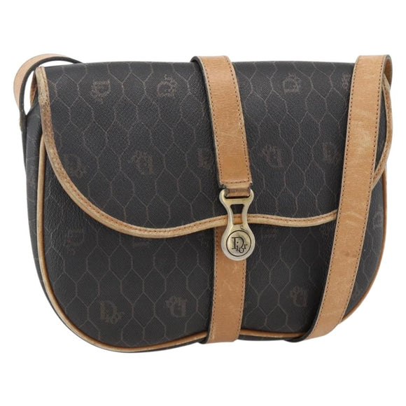 Christian Dior Honeycomb Canvas Shoulder Bag PVC Black Gold Auth 174371