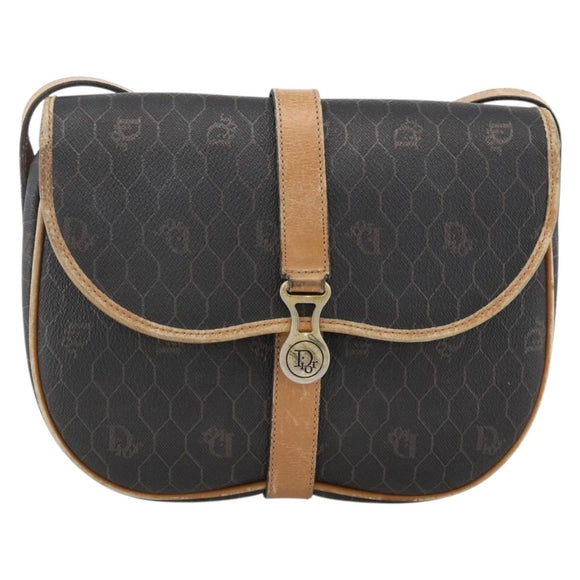 Christian Dior Honeycomb Canvas Shoulder Bag PVC Black Gold Auth 174371