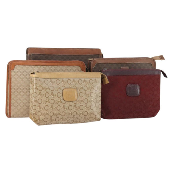 CELINE Macadam Canvas Clutch Bag PVC 5 Set Brown Beige Red Auth 174389