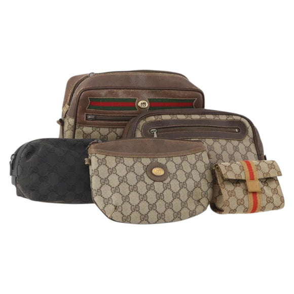 GUCCI GG Canvas Shoulder Bag PVC 5 Set Black Beige Auth 174402