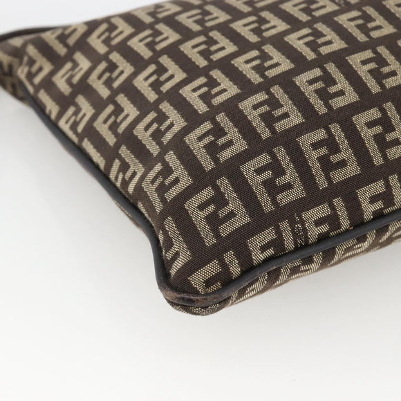FENDI Zucchino Canvas Shoulder Bag Brown Silver Auth 174409