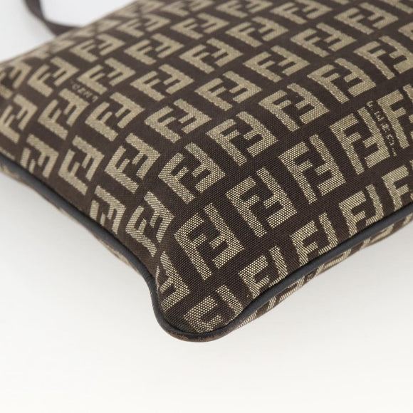 FENDI Zucchino Canvas Shoulder Bag Brown Silver Auth 174409