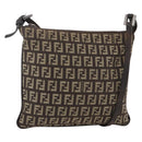 FENDI Zucchino Canvas Shoulder Bag Brown Silver Auth 174409-1