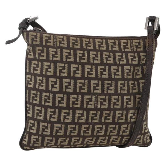 FENDI Zucchino Canvas Shoulder Bag Brown Silver Auth 174409