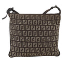 FENDI Zucchino Canvas Shoulder Bag Brown Silver Auth 174409-13