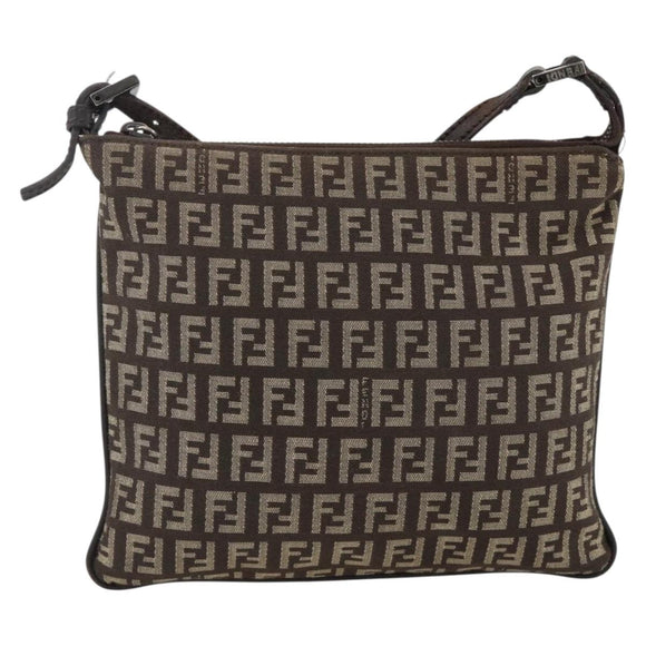 FENDI Zucchino Canvas Shoulder Bag Brown Silver Auth 174409