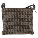 FENDI Zucchino Canvas Shoulder Bag Brown Silver Auth 174409-2