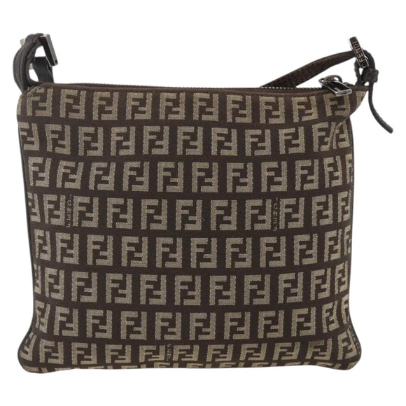 FENDI Zucchino Canvas Shoulder Bag Brown Silver Auth 174409