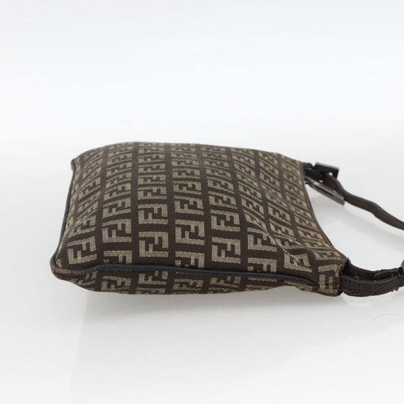 FENDI Zucchino Canvas Shoulder Bag Brown Silver Auth 174409