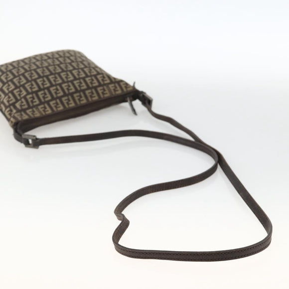 FENDI Zucchino Canvas Shoulder Bag Brown Silver Auth 174409
