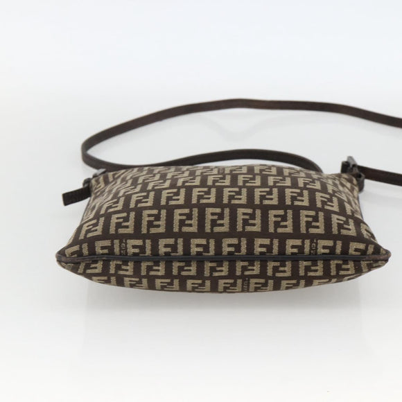 FENDI Zucchino Canvas Shoulder Bag Brown Silver Auth 174409