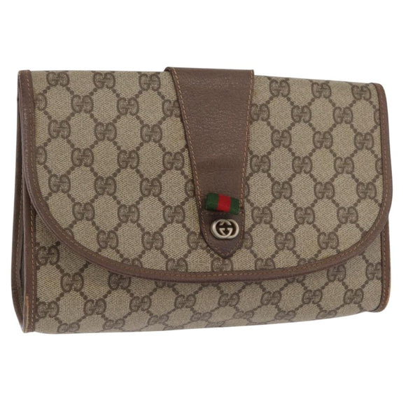 GUCCI GG Supreme Web Sherry Line Clutch Bag PVC Beige Gold Auth 174412