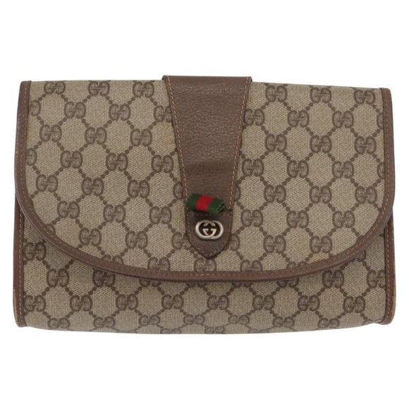 GUCCI GG Supreme Web Sherry Line Clutch Bag PVC Beige Gold Auth 174412