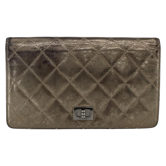 CHANEL Matelasse 2.55 Long Wallet Lamb Skin Gold Silver CC Auth 174416A