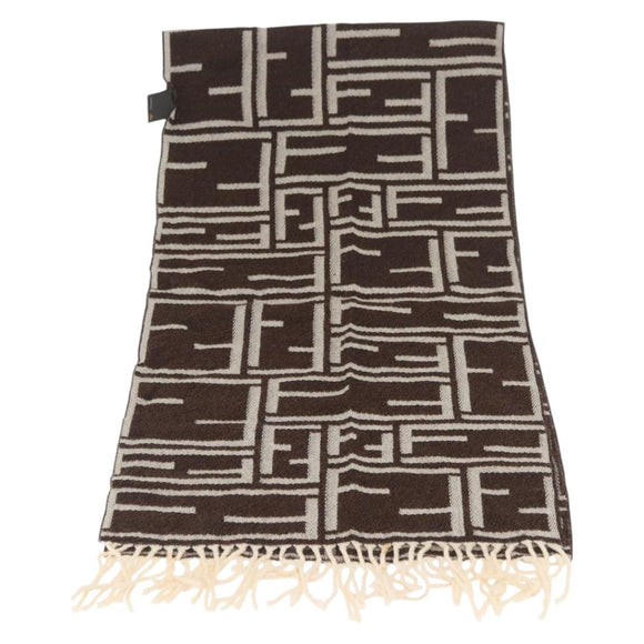 FENDI Zucca Canvas Scarf Wool Ivory Brown Auth 174421A