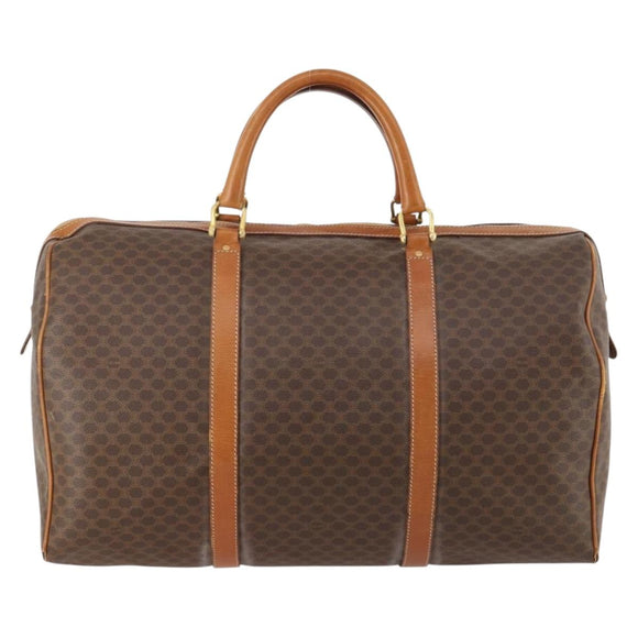 CELINE Macadam Canvas Boston Bag PVC Leather Brown Gold Auth 174436