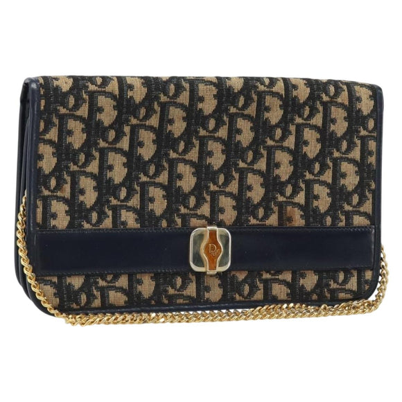 Christian Dior Trotter Canvas Chain Shoulder Bag Navy Gold Auth 174454A
