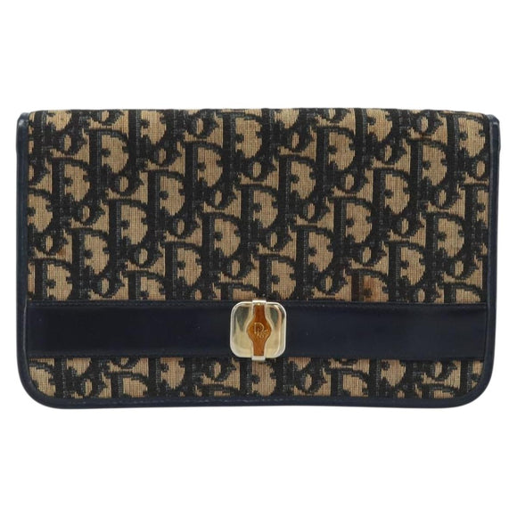 Christian Dior Trotter Canvas Chain Shoulder Bag Navy Gold Auth 174454A