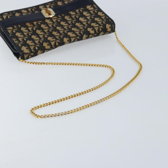 Christian Dior Trotter Canvas Chain Shoulder Bag Navy Gold Auth 174454A