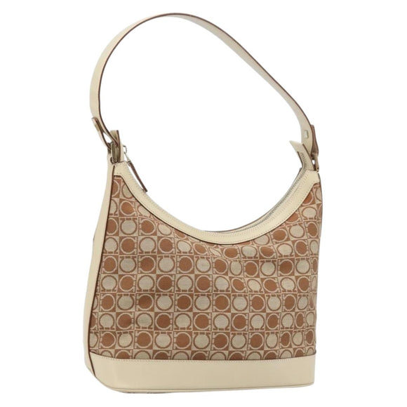 Salvatore Ferragamo Gancini Shoulder Bag Canvas Leather Brown Gold Auth 174463