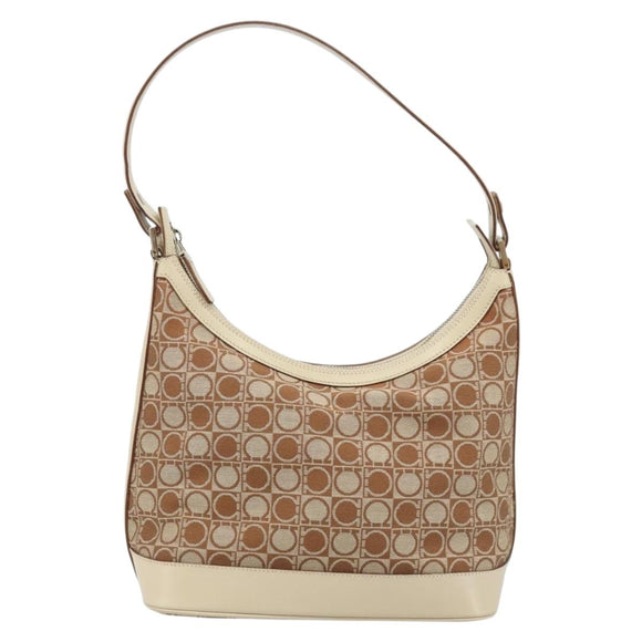 Salvatore Ferragamo Gancini Shoulder Bag Canvas Leather Brown Gold Auth 174463