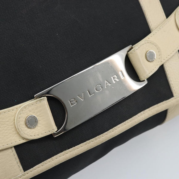 BVLGARI Shoulder Bag Canvas Leather Black Ivory Silver Auth 174478