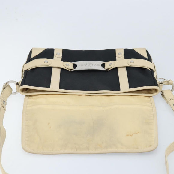 BVLGARI Shoulder Bag Canvas Leather Black Ivory Silver Auth 174478